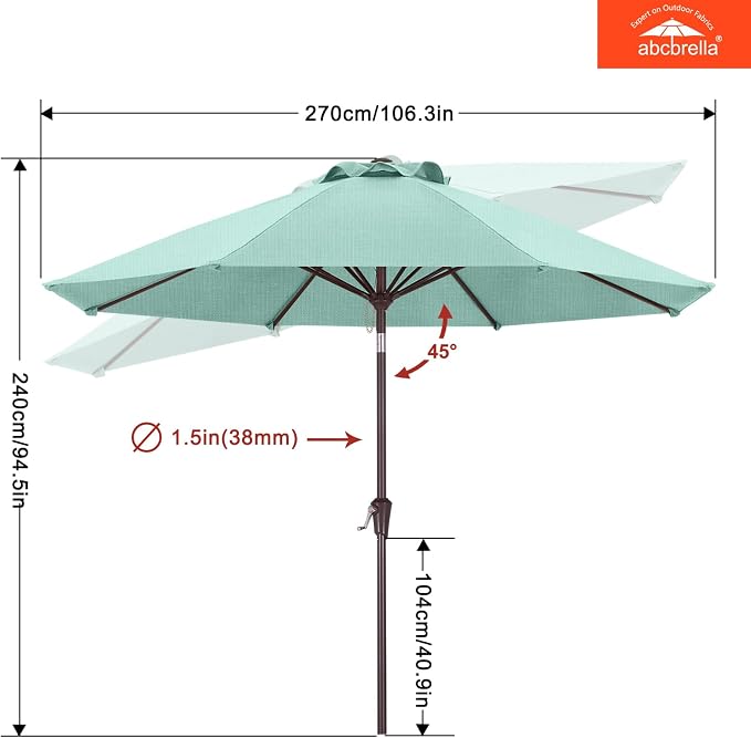 ABCCANOPY OLEFIN® 5-Year No Fading 9FT Patio Umbrella, Outdoor Table Umbrella with 8 Sturdy Ribs for Deck, Backyard, Yard (Light Blue)