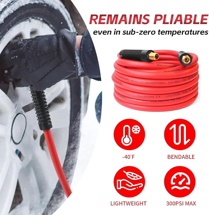 MaxWorks Hybrid Air Hose 1/4" x 50 Foot 300 PSI All Weather Flexible Polymer Kink Resistant Solid Brass Fittings Heavy Duty Performance for Home Garage and Shop (80785)