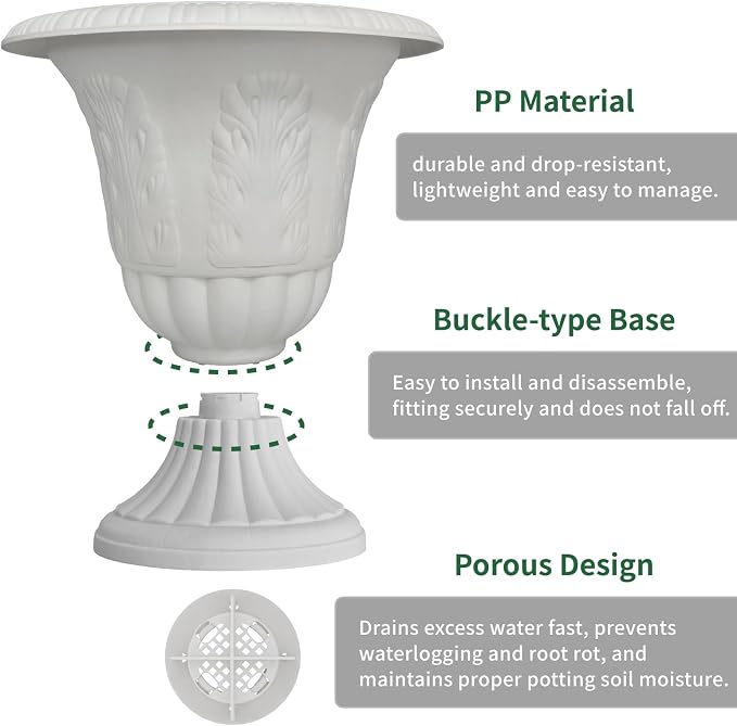 Set of 2 Goblet-Shaped Plastic Planter Urns, White, Diameter 14.6" Large | OUMUHE elegant plastic flower pots with secure buckle base & porous drainage for outdoor porch plants, 16" H × 14.5" D