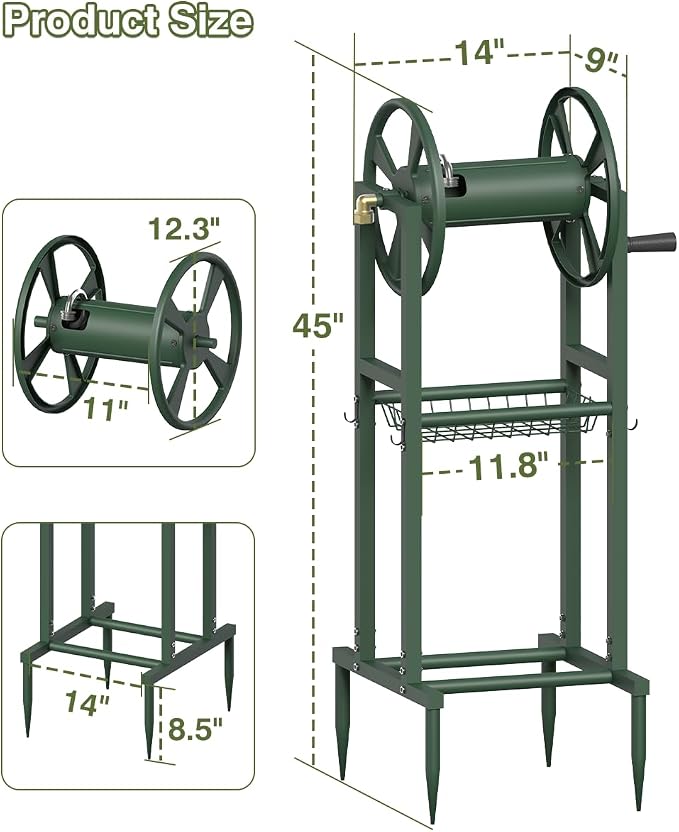 Freestanding Garden Hose Reel holds 125ft Hose of 5/8" with 4 Hooks, 4-Spike Outdoor Hose Holder with 3.9ft Leader Hose & Brass Fitting, Detachable Metal Hose Stand with Storage Rack, Green
