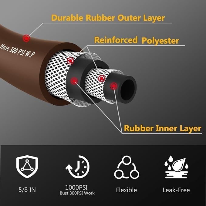 Guitrees Garden Hose 90FT x 5/8", Heavy Duty Rubber Hose, Water Hose with Five Layered Braiding, Male to Female Fittings, 1000PSI Burst, 300PSI Working (Brown)