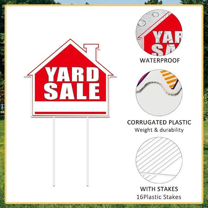 SUPERDANT 9Pcs Yard Sale Yard Sign with 18 Stakes Courtyard Auction Lawn Decorations Courtyard Sale Waterproof Sign Yard Outdoor Red and White Lawn Decorative Sign for Garden Lawn Decoration