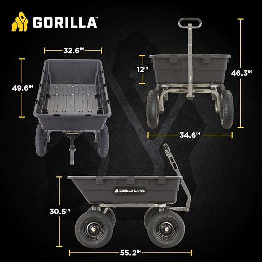 Gorilla Carts Heavy-Duty Poly Yard Dump Cart, 10 Cu Ft Tub, 1500 lb Haul Capacity, Black – Towable Utility Wagon with Quick-Release Dumping & Pneumatic Tires for Landscaping and Gardening
