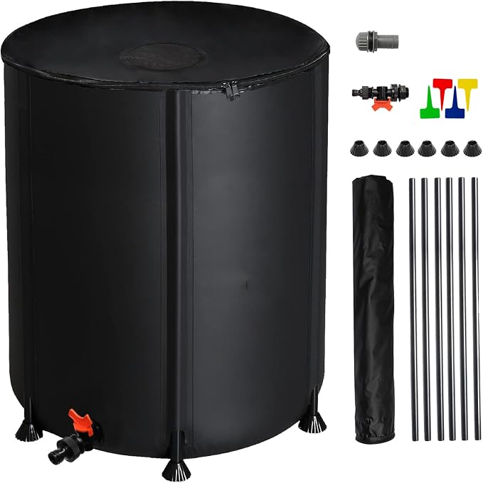 50 Gallon Collapsible Rain Barrel, Portable Rainwater Collection System, Rain Catcher Barrel, Water Storage Tank with Two Spigots and Overflow Kit, Rain Water Barrel Collector for Garden, Black