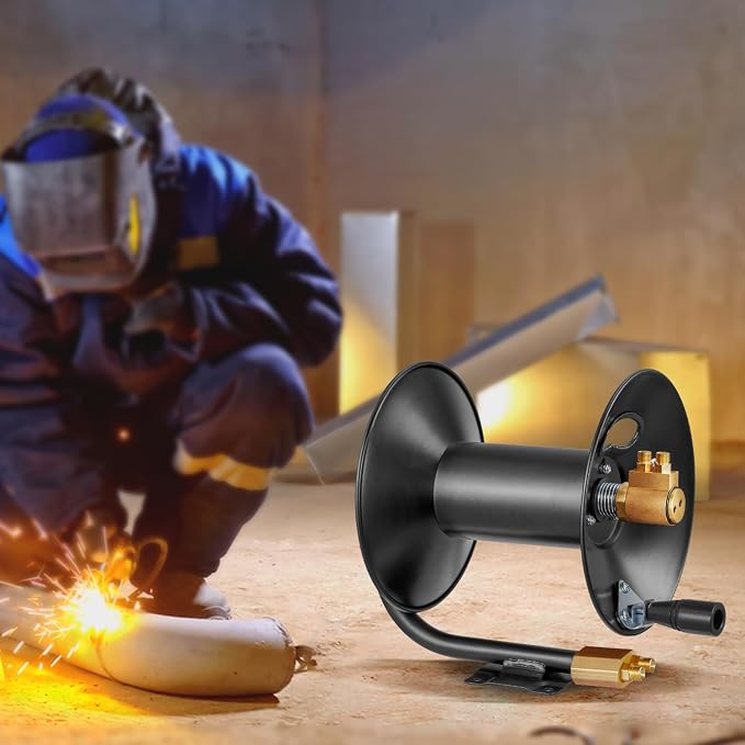 VEVOR Welding Hose Reel, Hand Crank Rewind Hose Reel with 3FT Lead-in Hose and 9/16"-18 B Fittings, Ceiling/Wall Mount Heavy Duty Steel Reel for Workshops Garages (Welding Hose Not Included)