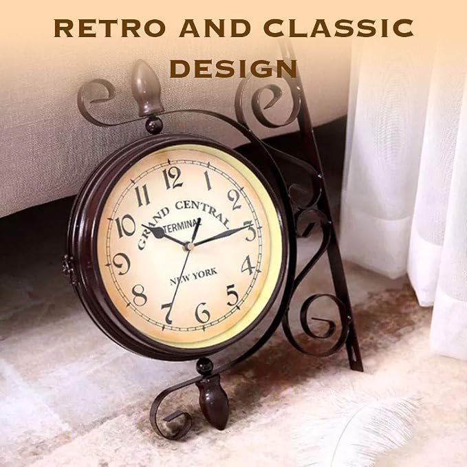 Vintage Double Sided Wall Clock Vintage Industrial Wall Clock for Outdoor Decorative Art Antique Decor Office Kitchen Silent Watches 360 Degree Rotate Antique