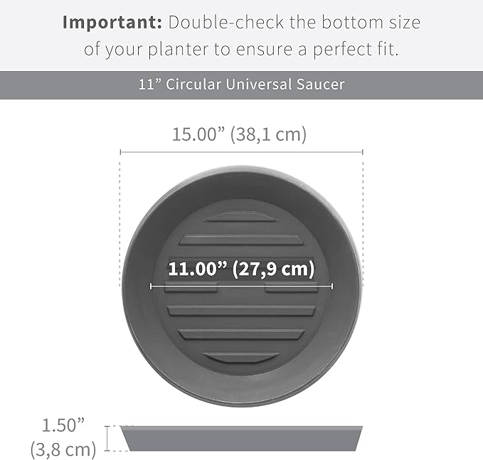 Crescent Garden Universal Round Planter Saucer – Heavy-Duty Drainage Tray for Indoor & Outdoor Use – Fits Pots with 11" Base (15" Total Outer Diameter) - Bark Brown