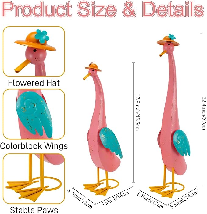 22" Duck Garden Statue Set of 2 Metal Ducks | Outdoor Yard Art Porch Animal Figurine Lawn Ornament Rustproof Yard Sculptures for Outside Patio Backyard Decorations