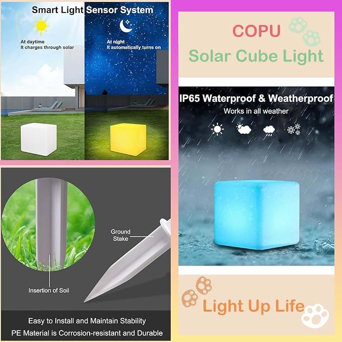 8-in Solar Cube Light Outdoor Waterproof, 16 Colors Illuminate Cube Floor Lamp, Dimmable Glowing LED Tesseract Cosmic w/Ground Stake & Remote Dynamic Effect for Garden Yard Patio Mood Ambient Lighting