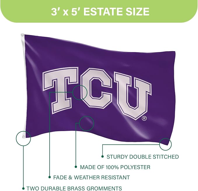NCAA Texas Christian University Flag with Grommets, 3'x5' TCU Horned Frogs Outdoor College Flags & Banners for Garden Patio Indoor Wall Décor