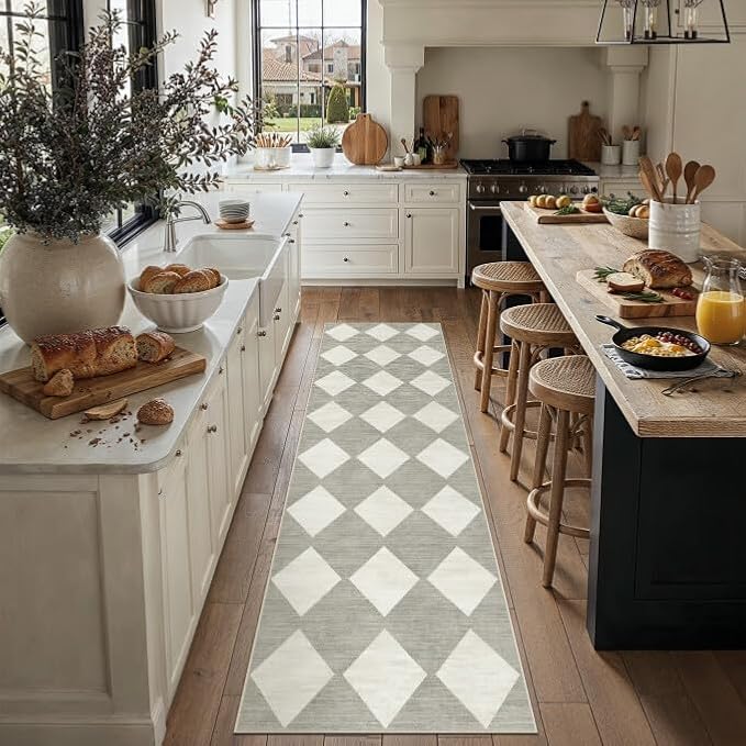 Grey 2x8 Washable Runner Rug Kitchen Non Slip Checkered Carpet | Soft, Low Pile, Easy Clean, Diamond Pattern for Hallway, Entryway, Laundry Room, Bathroom, Modern Indoor Decor