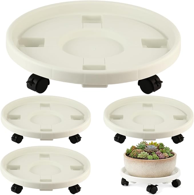 4-pack 17.3" Extra-large Plant Caddy with Wheels Plastic Plant Dolly with Locking Caster Flower Pot Mover Rollers Wheeled Rolling Plant Stands Round Plant Saucer Indoor Outdoor Base Coasters White