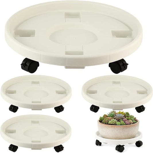 4-pack 17.3" Extra-large Plant Caddy with Wheels Plastic Plant Dolly with Locking Caster Flower Pot Mover Rollers Wheeled Rolling Plant Stands Round Plant Saucer Indoor Outdoor Base Coasters White