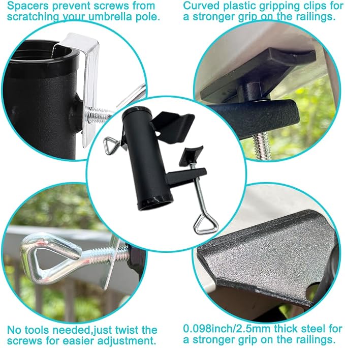 Patio Umbrella Holder Clamp,Heavy Duty Patio Umbrella Clamp Deck Umbrella Stand,Metal Umbrella Clamp Outdoor Umbrella Mount Bracket for Fences,Railing,Deck,Bench,Boats,Bleachers