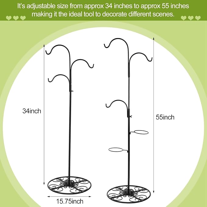 Blulu 34-55 Inch Adjustable Black Iron Shepherd Hook with Base Indoor Outdoor Hanging Plant Stand Wind Chime Stand Bird Feeder Flower Basket for Garden Plants Weddings Event Home Christmas Decor