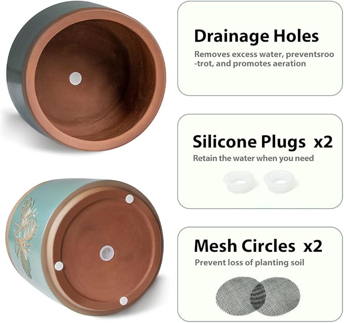YBX Terracotta Pots with Drainage Holes, Bee Decor, Planter for Indoor Plants, Flower Pots Indoor Succulent, Herbs, Snake Plants (Turquoise, 6+4 Inch)