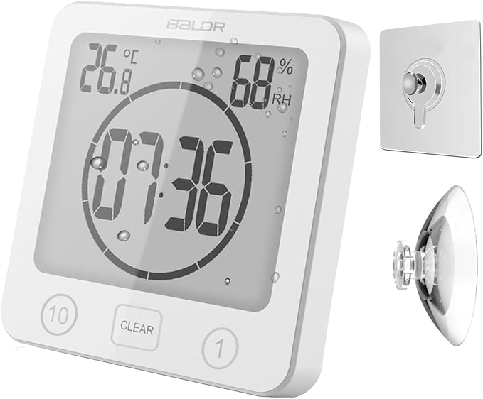 Digital Timer Waterproof Wall Clock, Kitchen Countdown Timer, Shower Clock with Temperature Humidity, Mirror Suction Cup Bathroom Timer, Wall Hanging for Bath Spa Basement Swimming Pool (White)