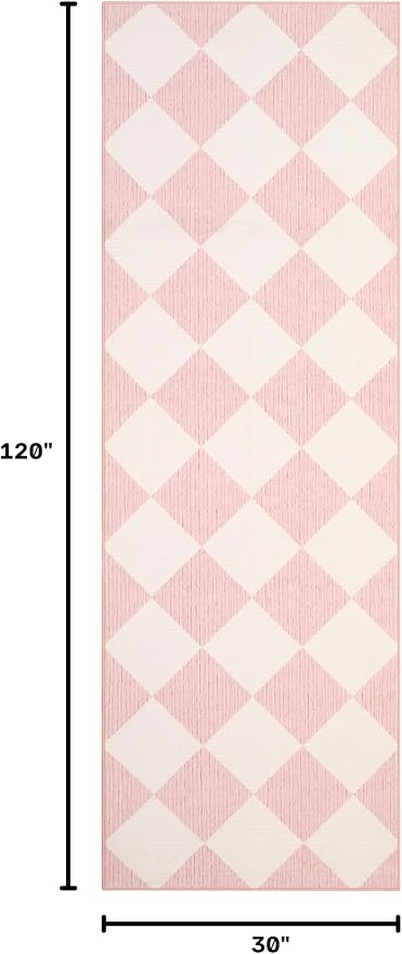 GarveeHome Checkered Long Hallway Runner Rug 2.5x10 Pink Kitchen Rug | Non Slip Soft Diamond Print Entryway Rug Thin Laundry Mat Stain Resistant Carpet for Bedroom Bathroom Beside