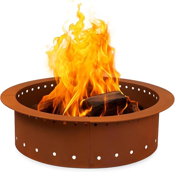 Iron Forge Tools Smokeless Outdoor Fire Pit Ring Insert 30 Inch Round | heavy duty corten steel, permanent fire pit rings, backyard bonfire, smokeless firepit, 24 inch inner ring, pit liner insert