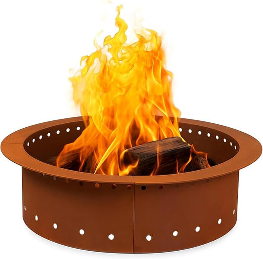 Iron Forge Tools Smokeless Outdoor Fire Pit Ring Insert 30 Inch Round | heavy duty corten steel, permanent fire pit rings, backyard bonfire, smokeless firepit, 24 inch inner ring, pit liner insert