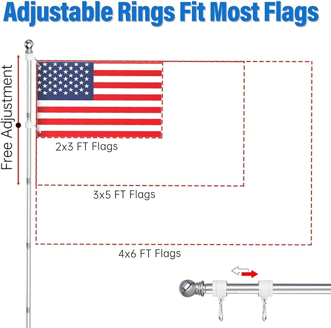 ZMTECH 6FT Flag Pole for Outside House with Solar Light | Tangle Free Stainless Steel USA Flag Pole Kit, 180° Adjustable Holder for Outside House Yard, Silver (No Flag Included)
