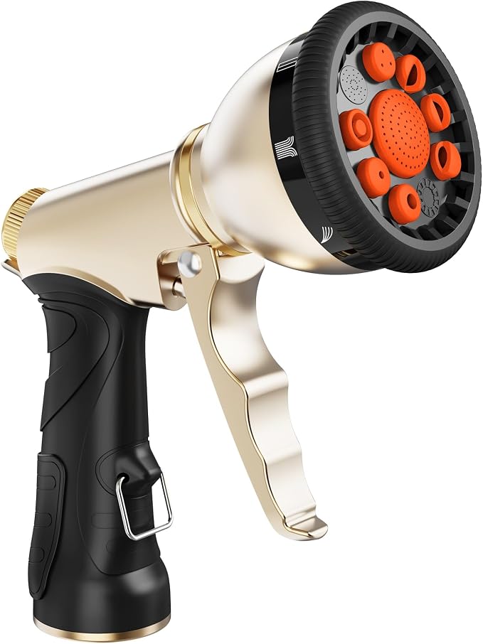 RAINPOINT Garden Hose Nozzle, 9 Spray Patterns Hose Sprayer Nozzle, Heavy Duty Metal Water Hose Nozzle, Adjustable Hand Sprayer, Watering Plants and Lawn, Pet Showering (Nozzle, Orange)