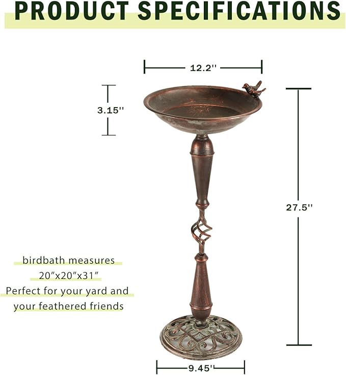 Cast Iron Pedestal Bird Bath,Metal Bird Bath for Outdoor,Vintage Birdbath | 27.5”H Outdoor Bird Bath,Standing Bird Bath for Garden Patio Lawn Decor