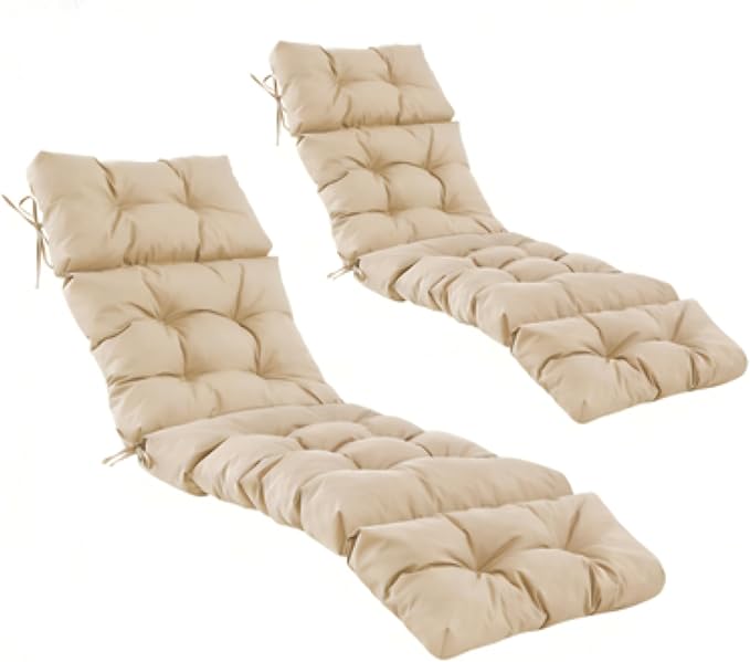 2 Pcs Chaise Lounge Cushions Outdoor,Waterproof & Fade Resistant Patio Lounge Chair Cushions for Outdoor Furniture, Chaise Cushion with Ties for Pool, Lawn and Beach, 75.1x22.8x4.7 Inch, Beige