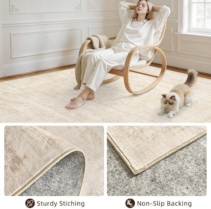 3x5 Area Rugs Living Room: Bedroom Washable Carpet Retro Beige | Large Vintage Boho Indoor Decor Neutral Soft Nursery Farmhouse Dining Room Office Floor Non-Slip Low Pile Under Table Rug