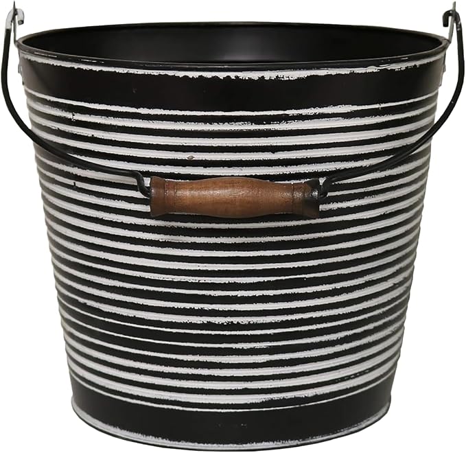 Headwind Robert Allen Vintage Ribbed Metal Planter with Handle, 10-Inch, Charcoal – Lightweight Indoor/Outdoor Flower Pot with Drainage Hole