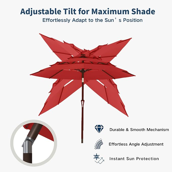 10FT Patio Umbrella 3 Tiers Outdoor Market Umbrella w/Push Button Tilt, Crank, UV and Waterproof Table Umbrella for Garden, Pool, Backyard, Deck, Lawn, Red