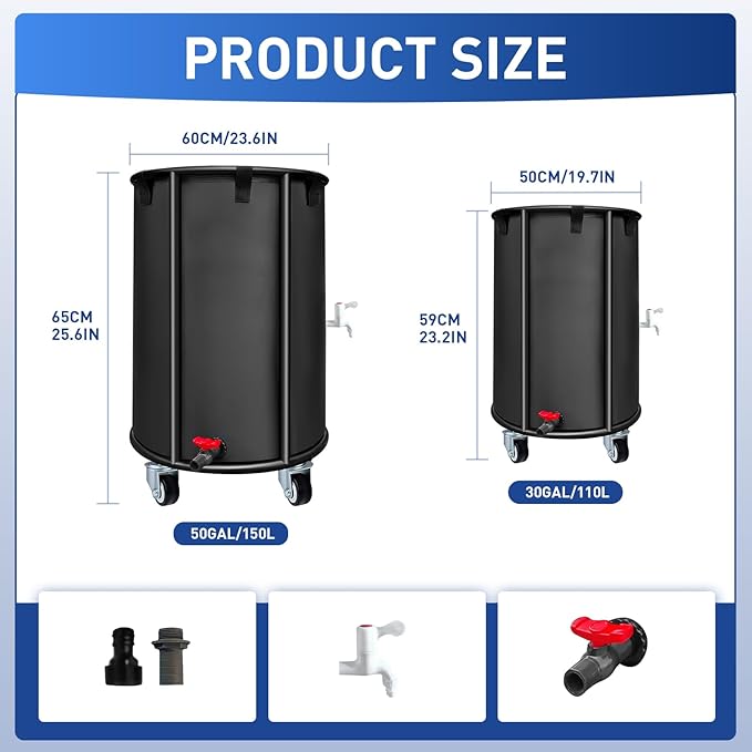Outdoor Rainwater Collector, Mobile Portable, 30 Gallon, Black - Rainwater Collection Storage Container with Faucet, Mobile Frame, Strainer and Side Faucet