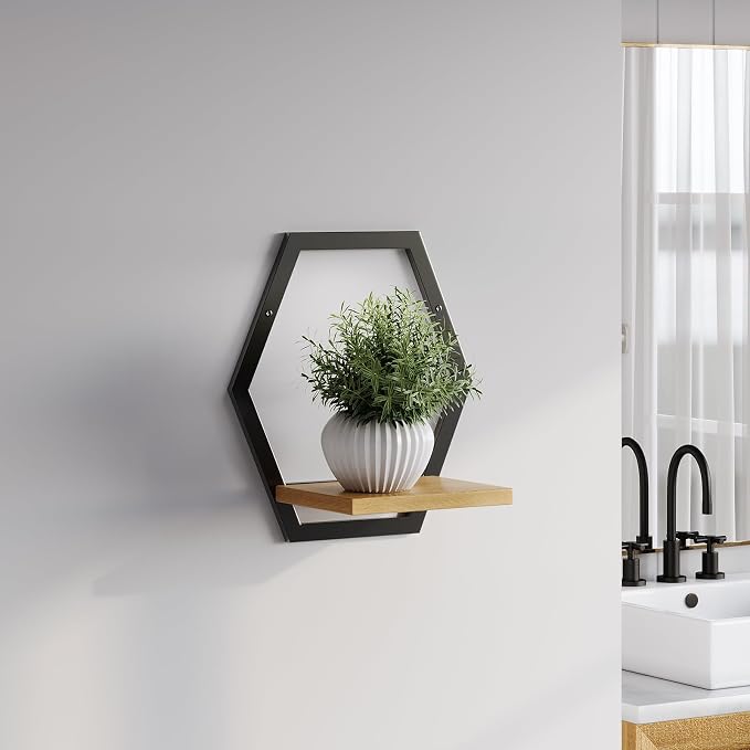 2 Pack Solid Wood & Metal Framework Wall Plant Stands,9 inch Natural Wood Shelf of Indoor,Mid Century Modern Hanging Planter for Outdoor Entryway 25 LB Load for Plants Black