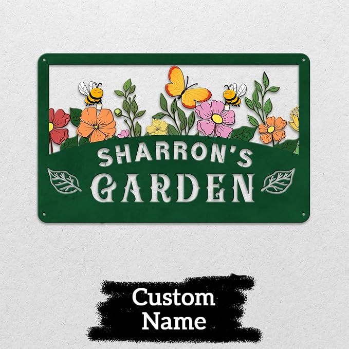 MeMate Floral Garden Plaque, Custom Name Metal Sign for Mom Grandma, Rustic Decor for She Shed