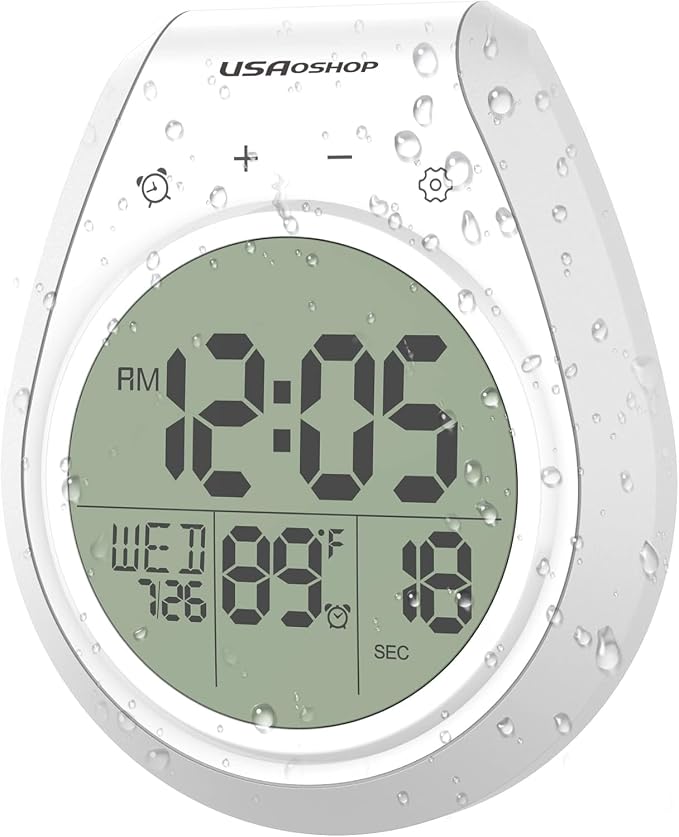 Shower Clock Waterproof Bathroom Timer, Digital Wall Clock Kitchen Clock with Countdown, Touch Screen, Temperature, Calendar, Suction Cup Hanging Hole, for Spa Cook Bath
