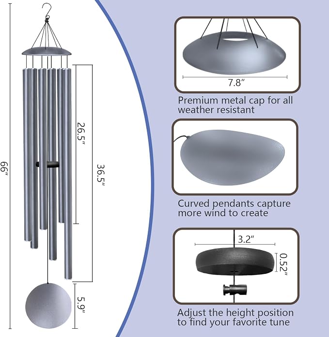 66" Wind Chimes for Outside Deep Tone - 6 Thicken Tubes Large Wind Chimes for Outdoor, Gifts for Mothers Day, Women, Mom, Grandma, Sympathy, Big Windchimes for Garden and Patio (Dusty Blue)