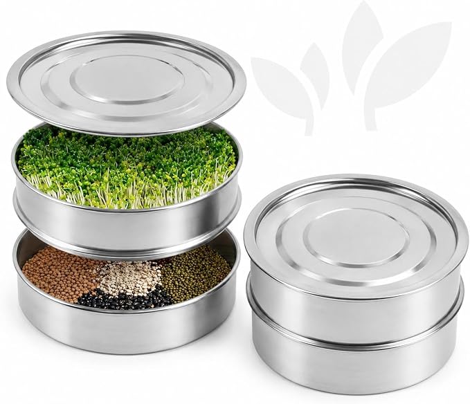 Stainless Steel Sprouting Tray 7,9'' - Round 2-Tier Seed Gardening Planter for Microgreens Broccoli Sprouts Growing Kit Microgreens Tray Germination