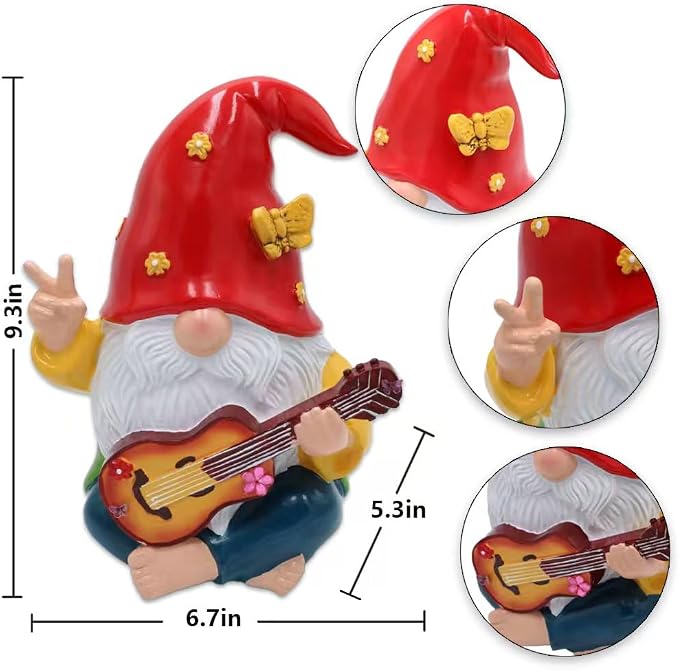 Hippie Garden Gnome Statue,Funny Gnome Figurine with Guitar -9.3‘’ Outdoor Resin Lawn Ornament,Unique Gift for House,Lawn,Patio and Porch, Gifts for Garden Lovers