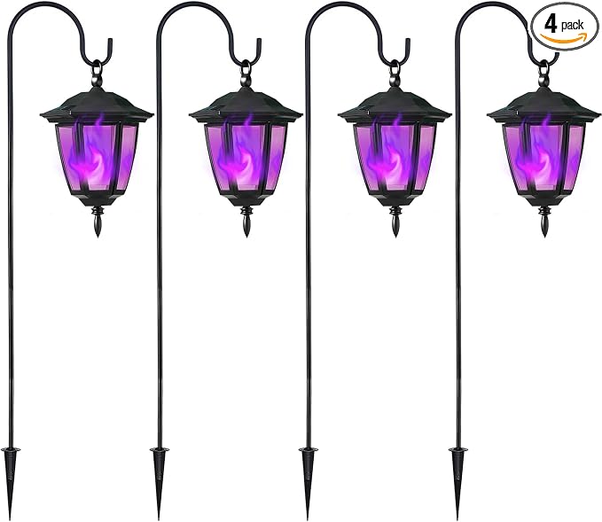 Dynaming 4 Pack Solar Halloween Flame Hanging Lights Outdoor, Flickering Flame LED Garden Lanterns with 4x38 Inch Shepherd Hooks, Landscape Lighting Waterproof for Lawn Yard Pathway Driveway, Purple