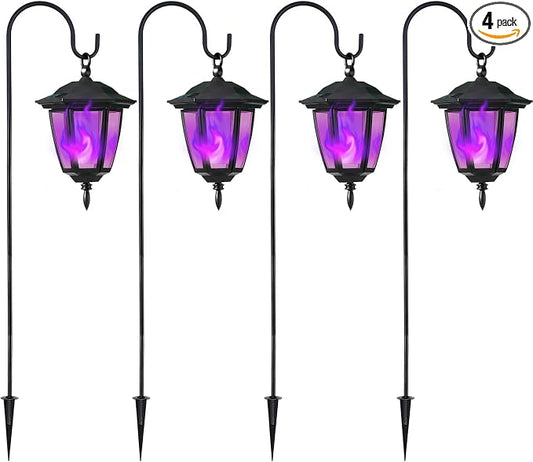 Dynaming 4 Pack Solar Halloween Flame Hanging Lights Outdoor, Flickering Flame LED Garden Lanterns with 4x38 Inch Shepherd Hooks, Landscape Lighting Waterproof for Lawn Yard Pathway Driveway, Purple