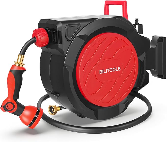 BILITOOLS Retractable Garden Hose Reel 5/8 in x 50 ft, Wall Mounted Water Hose Reel for Outside with Any Length Lock, Slow Auto Rewind Anti-Tangle System, 180° Swivel Bracket & 10-Pattern Spray Nozzle