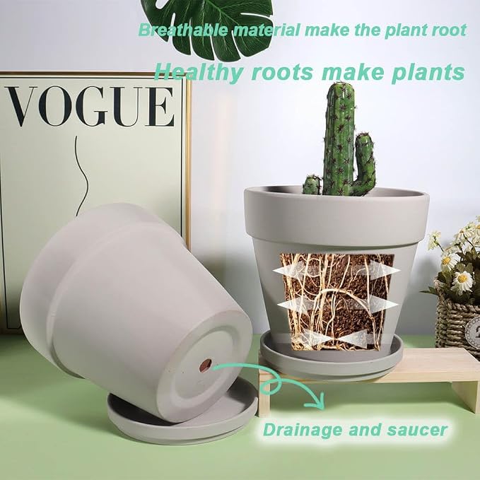 vensovo Gray 8 Inch Terracotta Pot for with Drainage - 2 Pack Large Terra Cotta Plant Pot with Saucers, Flower Clay Pot with Tray, Terracotta pot for Indoor Outdoor