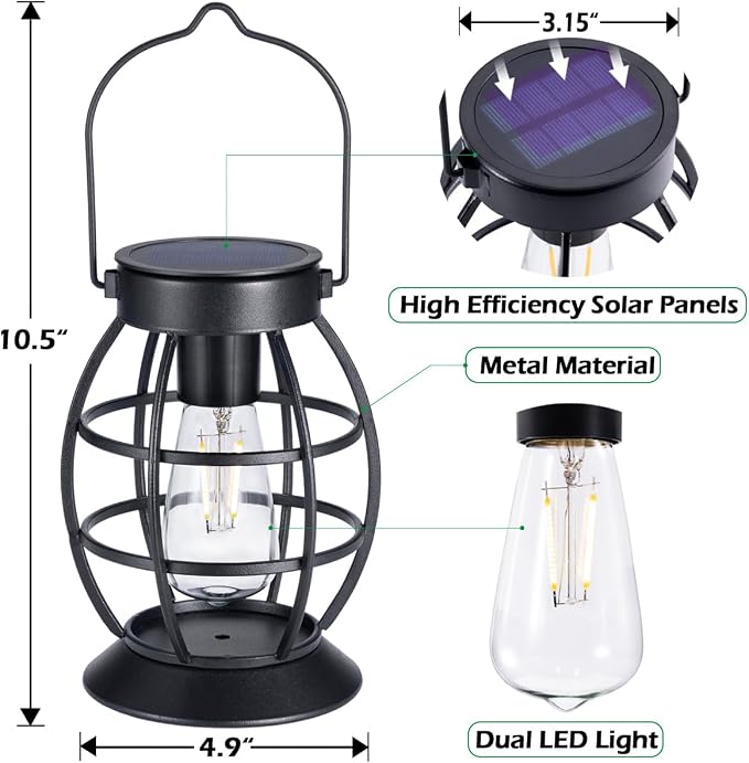 LeiDrail Solar Lanterns Outdoor 4 Pack, Hanging Waterproof Metal Lantern Dual LED Warm White, Auto On/Off Garden Patio Yard Porch Pathway Table Decor, Solar Powered Gift for Women
