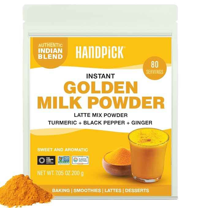 HANDPICK Golden Milk Powder with Turmeric - (7oz, 80 servings) Instant Latte Mix | Blend of Ginger, Black Pepper and Curcumin (Packaging may vary)