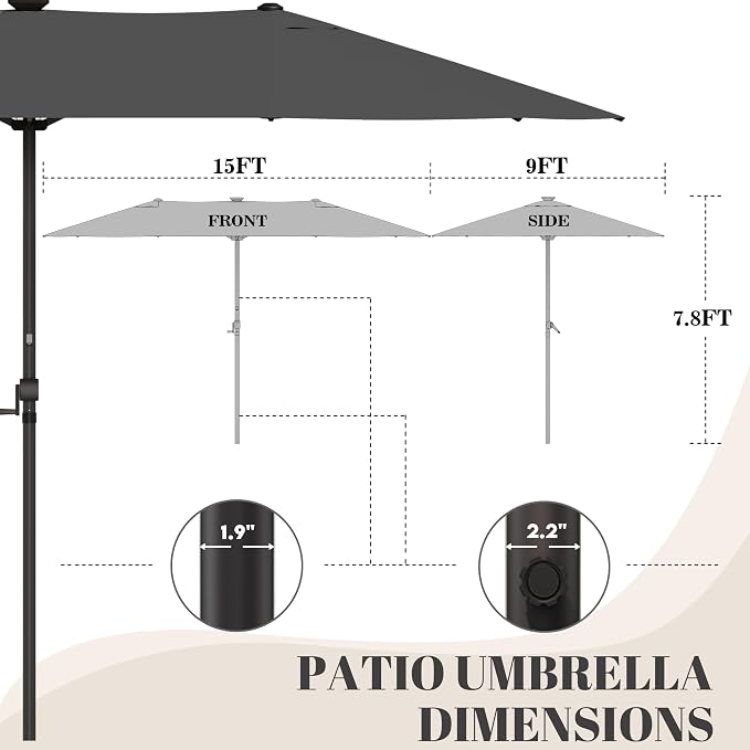 GDPFN 15ft Rectangular Patio Umbrella with Solar LED Lights, Double-Sided Outdoor Market Umbrella Extra Large Shade for Pool, Deck, Backyard, Garden, Dark Gray (Base Not Include)