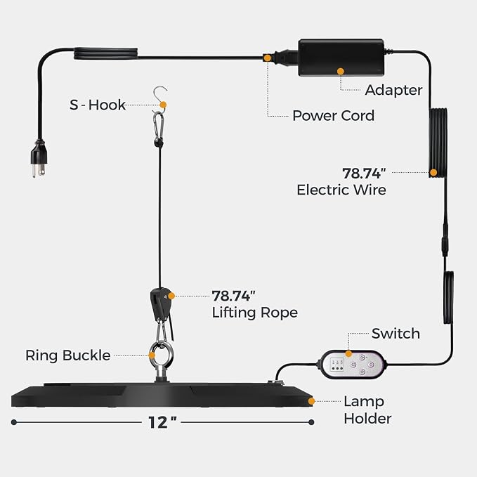 Bamworld Hanging Grow Light for Indoor Plants 12in Large Head Full Spectrum 10 Dimmable Levels LED Grow Light Height Adjustable Long Cord Timer Ideal for Greenhouse Garden Large Tall Plants Black