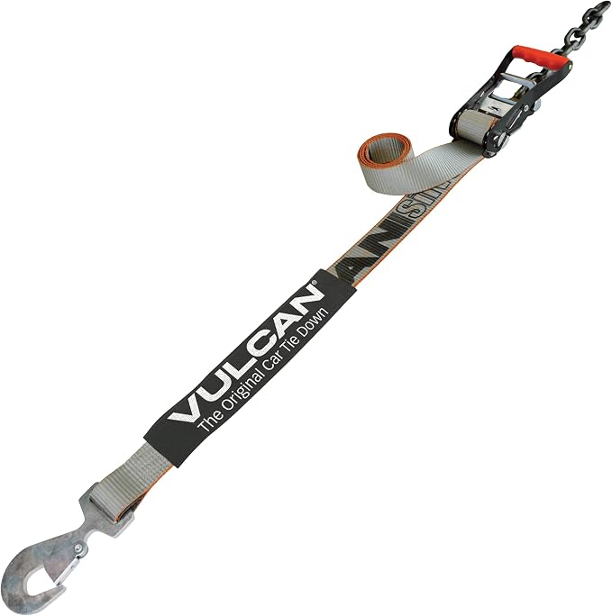 VULCAN Car Tie Down with Chain Tail Ratchet - Snap Hook - 96 Inch - Silver Series - 3,300 Pound Safe Working Load