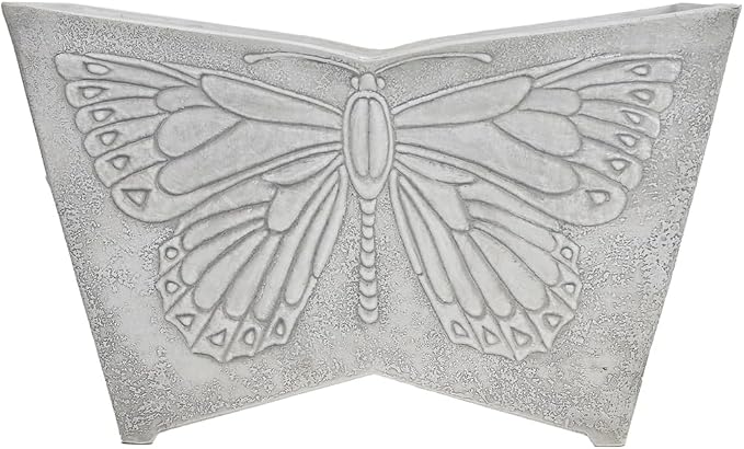 GreenShip 16 Inch Large Resin Flower Pots, Resin Planter Pot with Drainage Hole, Vintage Butterfly Embossed Decorative Garden Pot, Weather-Resistant for Porch, Patio, Indoor Use, Light Grey