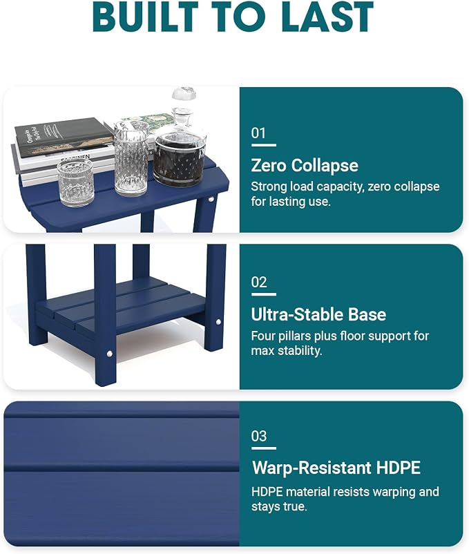 THOEOE Adirondack Outdoor Side Table, 2-Tier Sturdy Patio End Table Weather Resistant, Morden Side Table for Patio, Pool, Porch, Navy Blue