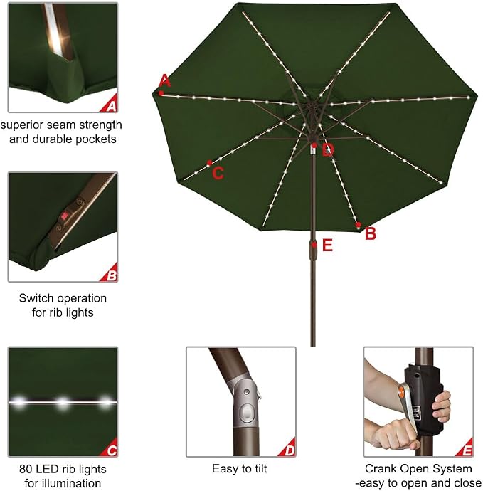 EliteShade USA 10-Year-Non-Fading 9ft Market Patio Umbrella, Commercial Grade Table Sun Umbrella with 80 Solar LED Lights, Crank Open, Windproof & UPF 50+ UV Protection for Garden, Deck, Pool, Backyard, Fern